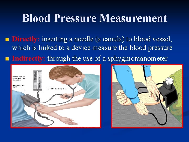 Blood Pressure Measurement n n Directly: inserting a needle (a canula) to blood vessel,