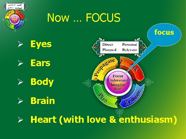 Now … FOCUS focus Ø Eyes Ø Ears Ø Body Ø Brain Ø Heart