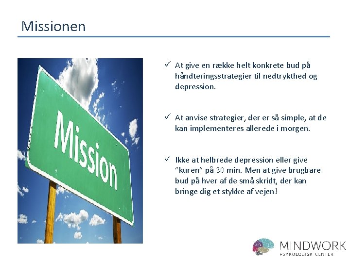 Missionen ü At give en række helt konkrete bud på håndteringsstrategier til nedtrykthed og