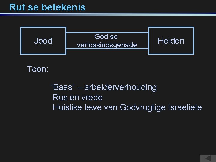 Rut se betekenis Jood God se verlossingsgenade Heiden Toon: “Baas” – arbeiderverhouding Rus en