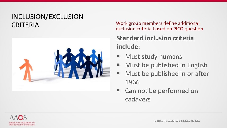 INCLUSION/EXCLUSION CRITERIA Work group members define additional exclusion criteria based on PICO question Standard