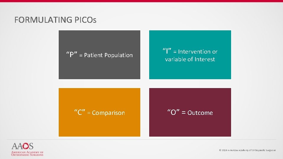 FORMULATING PICOs “P” = Patient Population “I” = Intervention or “C” = Comparison “O”