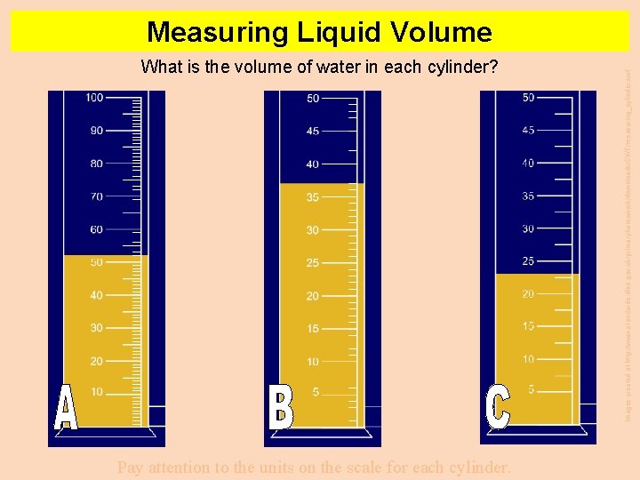 What is the volume of water in each cylinder? Pay attention to the units