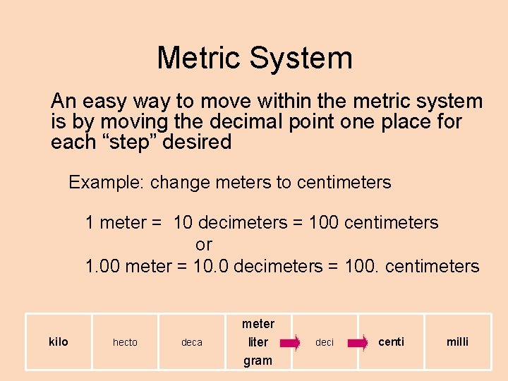 Metric System An easy way to move within the metric system is by moving