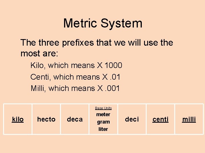 Metric System The three prefixes that we will use the most are: Kilo, which