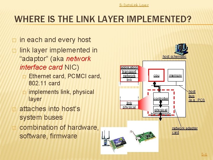 5: Data. Link Layer WHERE IS THE LINK LAYER IMPLEMENTED? � � in each 5: Data. Link Layer WHERE IS THE LINK LAYER IMPLEMENTED? � � in each