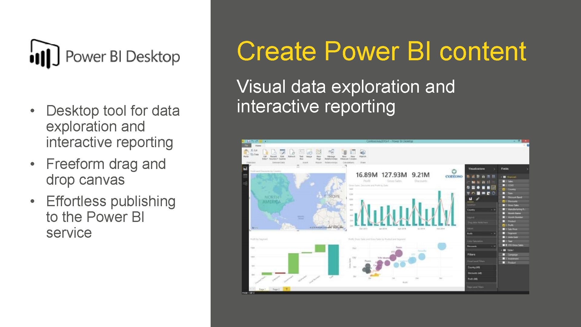 Create Power BI content • Desktop tool for data exploration and interactive reporting • Create Power BI content • Desktop tool for data exploration and interactive reporting •
