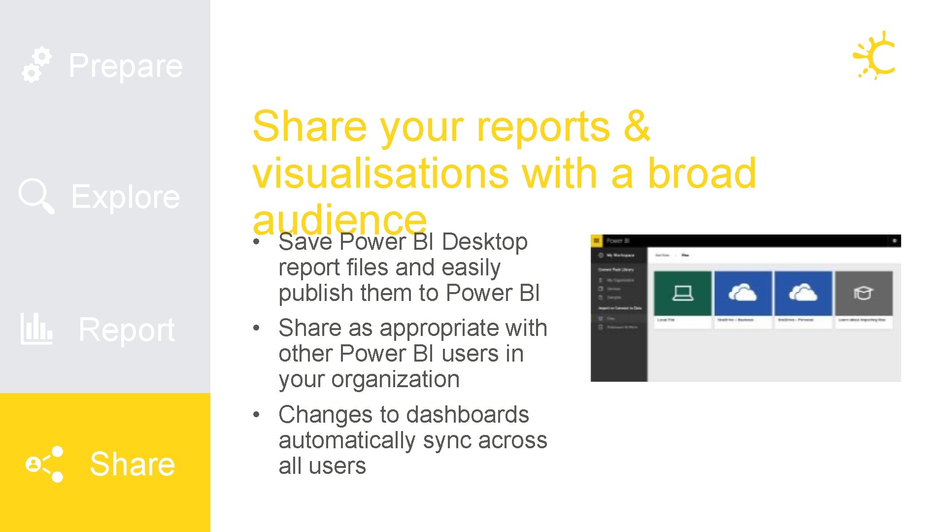 Prepare Explore Report Share your reports & visualisations with a broad audience • Save Prepare Explore Report Share your reports & visualisations with a broad audience • Save