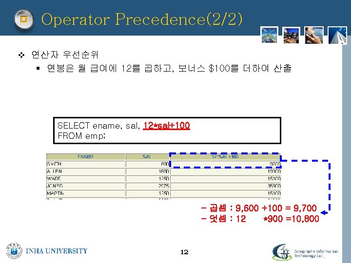 Operator Precedence(2/2) v 연산자 우선순위 § 연봉은 월 급여에 12를 곱하고, 보너스 $100를 더하여