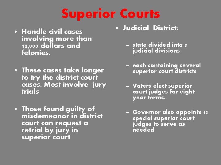 Superior Courts • Handle civil cases involving more than 10, 000 dollars and felonies.