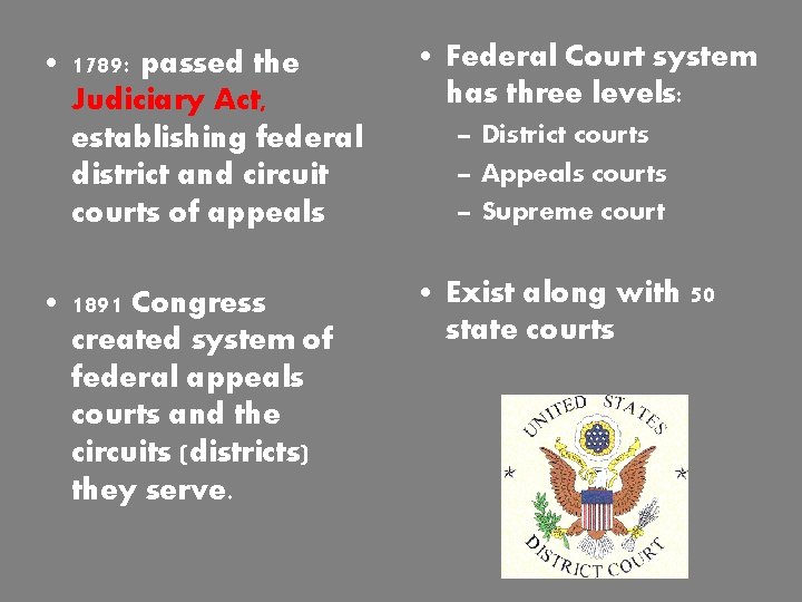  • 1789: passed the Judiciary Act, establishing federal district and circuit courts of