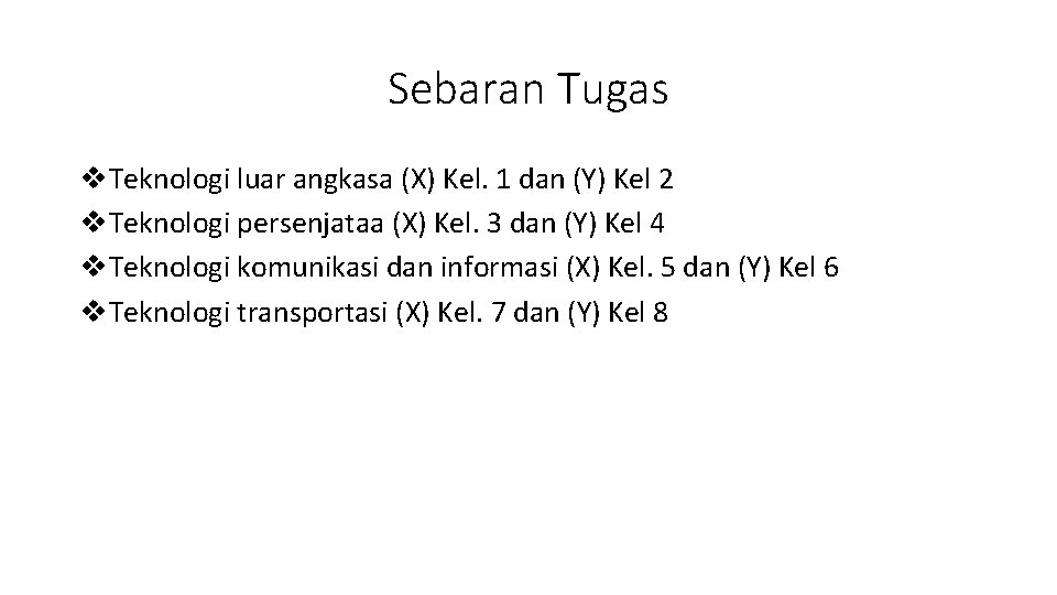 Sebaran Tugas v. Teknologi luar angkasa (X) Kel. 1 dan (Y) Kel 2 v.