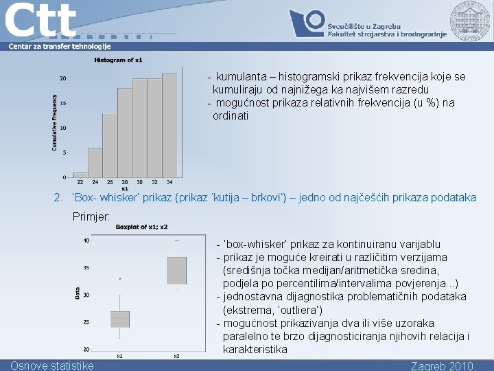 - kumulanta – histogramski prikaz frekvencija koje se kumuliraju od najnižega ka najvišem razredu