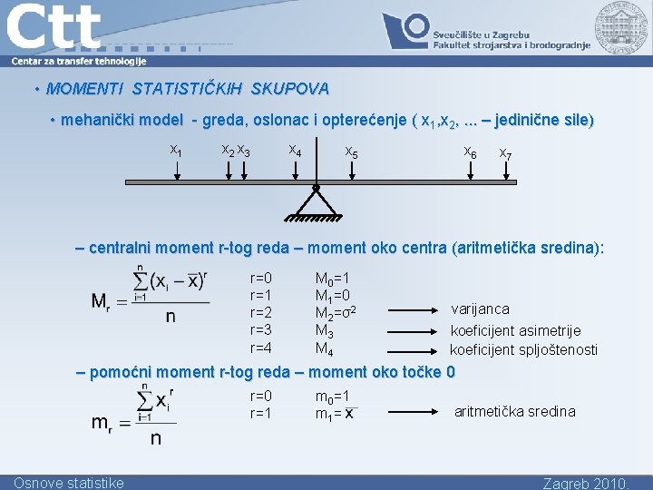  • MOMENTI STATISTIČKIH SKUPOVA • mehanički model - greda, oslonac i opterećenje (