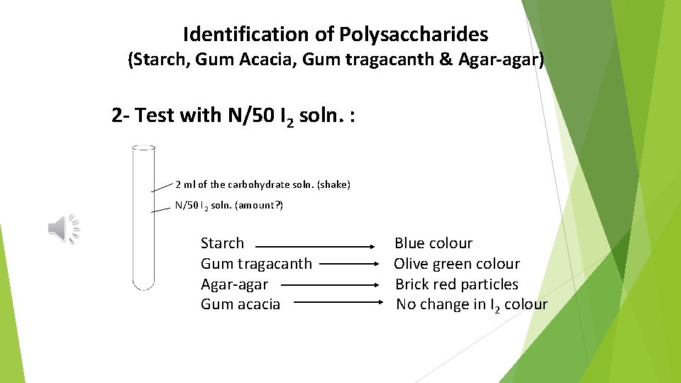 Identification of Polysaccharides (Starch, Gum Acacia, Gum tragacanth & Agar-agar) 2 - Test with