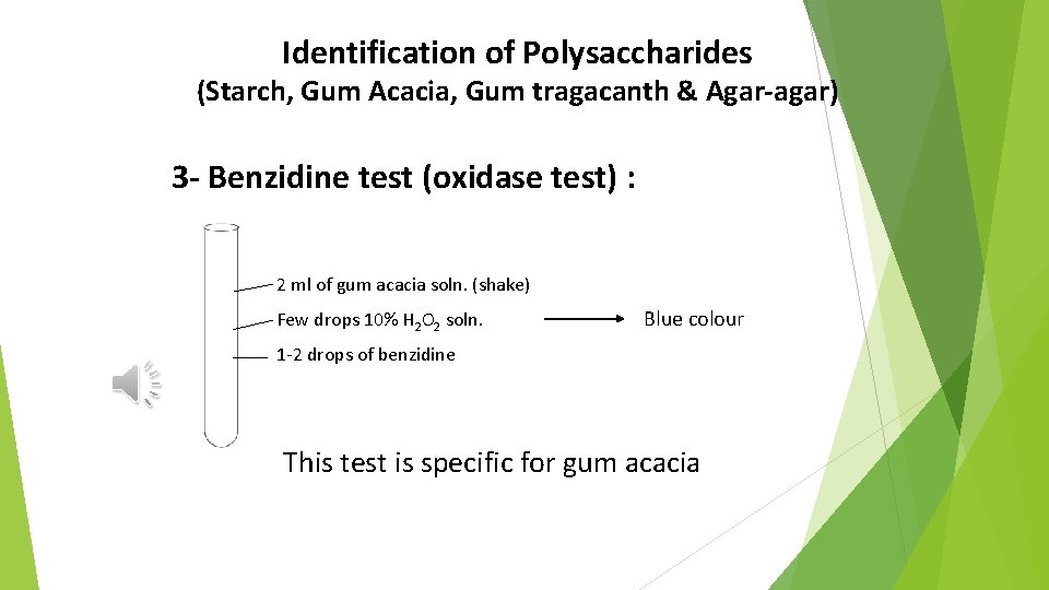 Identification of Polysaccharides (Starch, Gum Acacia, Gum tragacanth & Agar-agar) 3 - Benzidine test