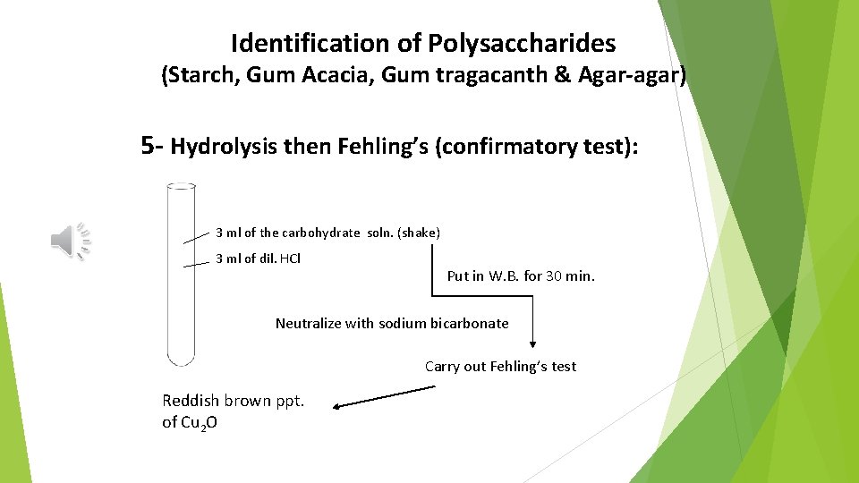 Identification of Polysaccharides (Starch, Gum Acacia, Gum tragacanth & Agar-agar) 5 - Hydrolysis then
