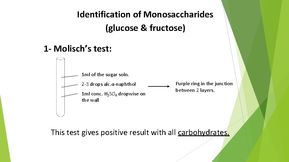 Identification of Monosaccharides (glucose & fructose) 1 - Molisch’s test: 1 ml of the