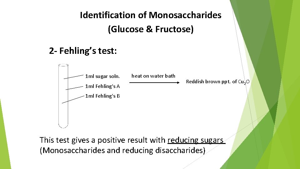Identification of Monosaccharides (Glucose & Fructose) 2 - Fehling’s test: 1 ml sugar soln.