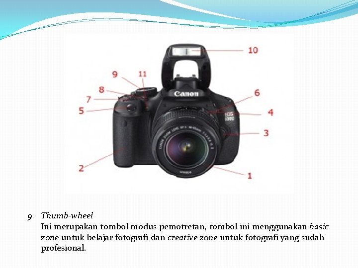 9. Thumb-wheel Ini merupakan tombol modus pemotretan, tombol ini menggunakan basic zone untuk belajar