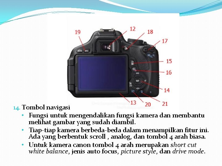 14. Tombol navigasi • Fungsi untuk mengendalikan fungsi kamera dan membantu melihat gambar yang