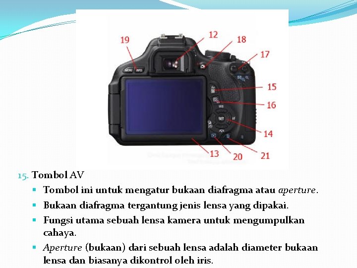 15. Tombol AV § Tombol ini untuk mengatur bukaan diafragma atau aperture. § Bukaan