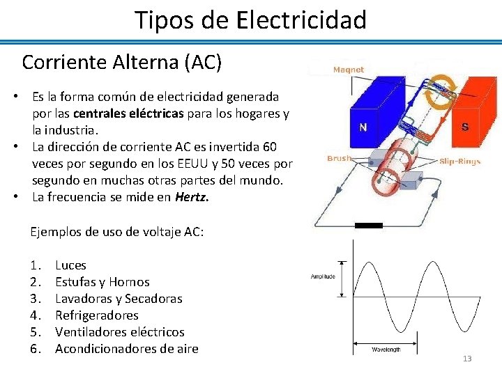 Tipos de Electricidad Corriente Alterna (AC) • Es la forma común de electricidad generada