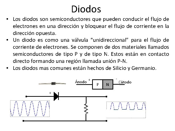 Diodos • Los diodos son semiconductores que pueden conducir el flujo de electrones en