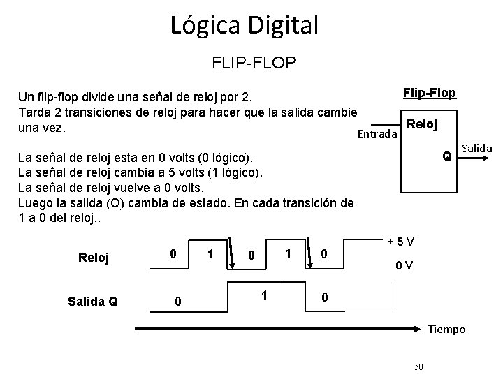 Lógica Digital FLIP-FLOP Flip-Flop Un flip-flop divide una señal de reloj por 2. Tarda