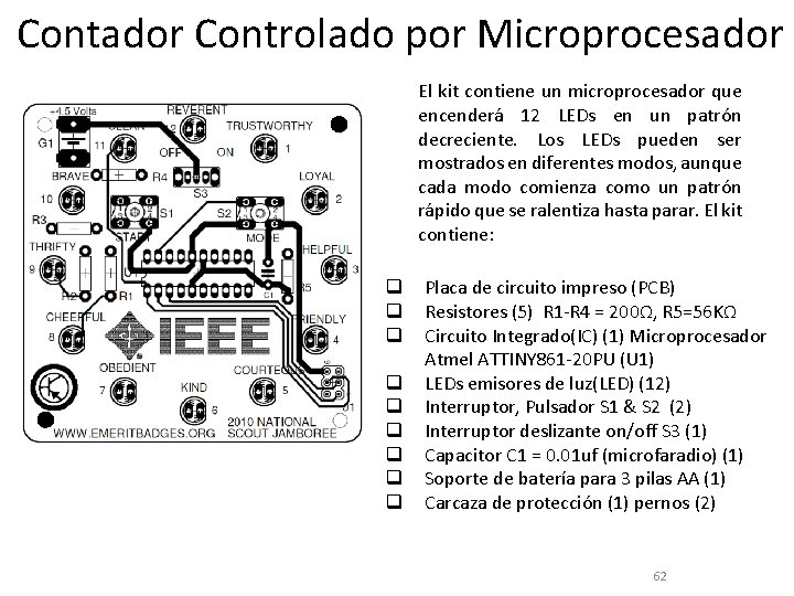 Contador Controlado por Microprocesador El kit contiene un microprocesador que encenderá 12 LEDs en