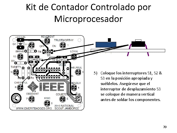 Kit de Contador Controlado por Microprocesador 5) Coloque los interruptores S 1, S 2