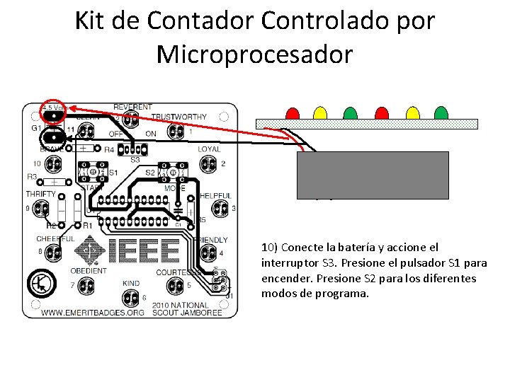 Kit de Contador Controlado por Microprocesador 10) Conecte la batería y accione el interruptor