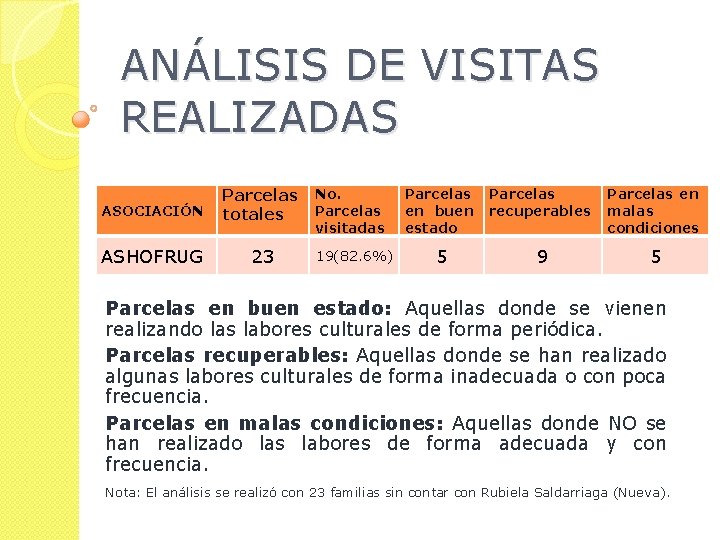 ANÁLISIS DE VISITAS REALIZADAS ASOCIACIÓN Parcelas totales ASHOFRUG 23 No. Parcelas visitadas 19(82. 6%)