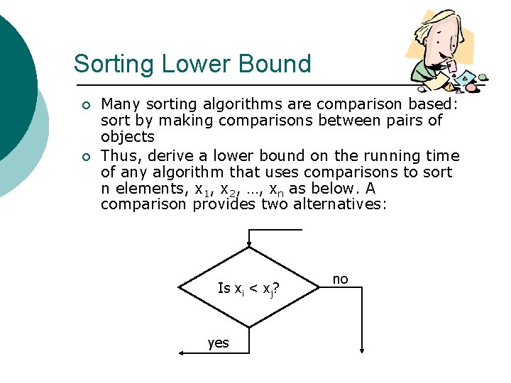 Sorting Lower Bound ¡ ¡ Many sorting algorithms are comparison based: sort by making Sorting Lower Bound ¡ ¡ Many sorting algorithms are comparison based: sort by making