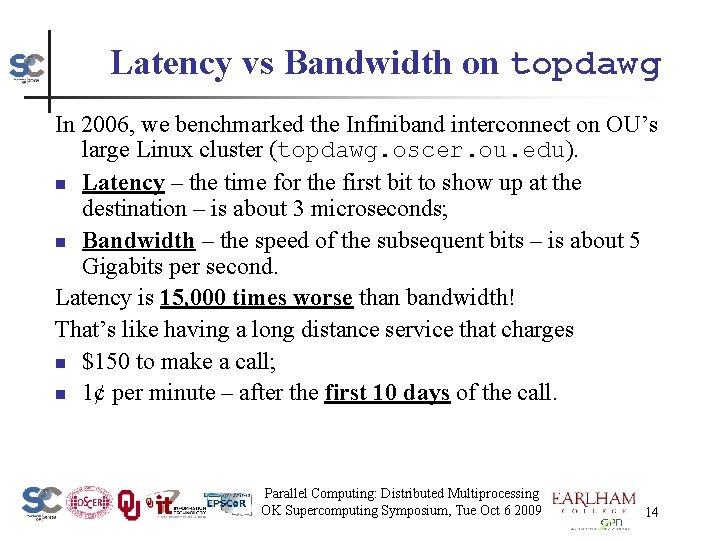 Latency vs Bandwidth on topdawg In 2006, we benchmarked the Infiniband interconnect on OU’s