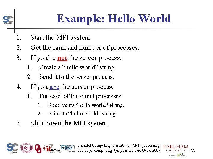 Example: Hello World 1. 2. 3. Start the MPI system. Get the rank and