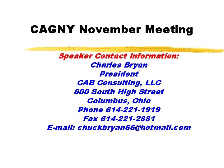 CAGNY November Meeting Speaker Contact Information: Charles Bryan President CAB Consulting, LLC 600 South