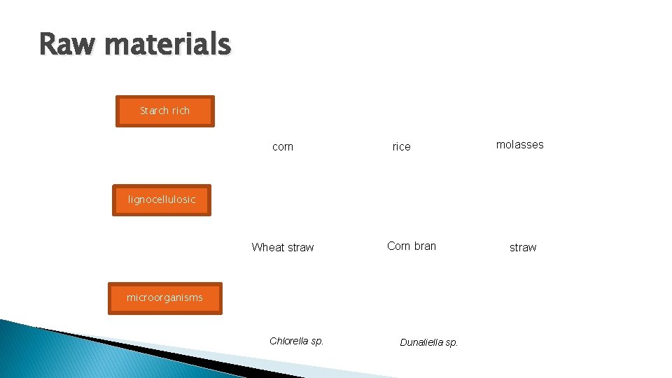 Raw materials Starch rich corn rice molasses lignocellulosic Wheat straw Corn bran microorganisms Chlorella