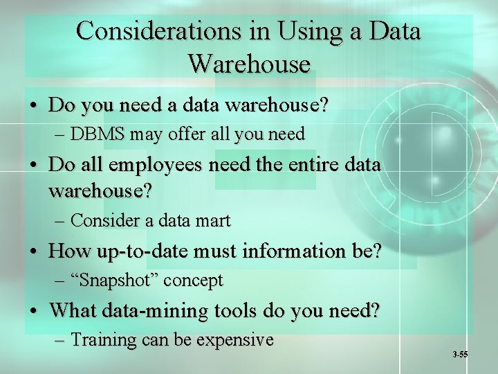 Considerations in Using a Data Warehouse • Do you need a data warehouse? –