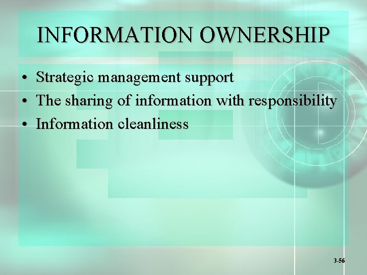 INFORMATION OWNERSHIP • Strategic management support • The sharing of information with responsibility •