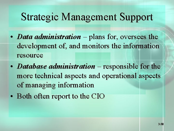 Strategic Management Support • Data administration – plans for, oversees the development of, and