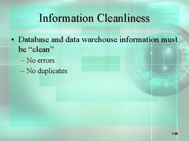 Information Cleanliness • Database and data warehouse information must be “clean” – No errors