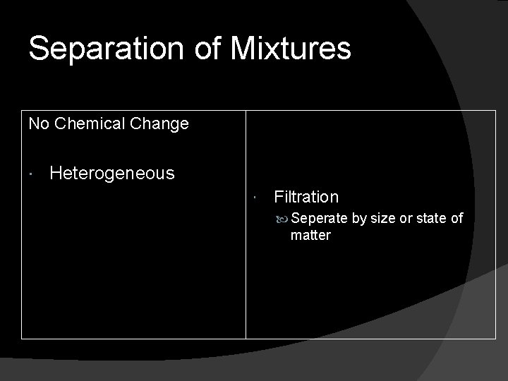 Separation of Mixtures No Chemical Change Heterogeneous Filtration Seperate by size or state of