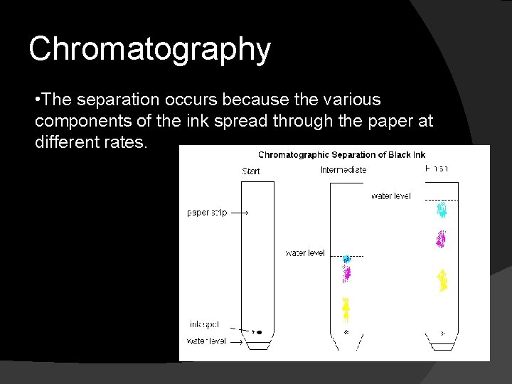 Chromatography • The separation occurs because the various components of the ink spread through