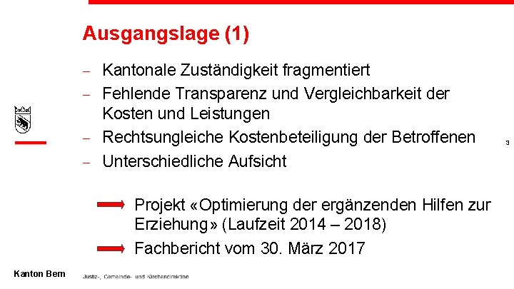 Ausgangslage (1) - Kantonale Zuständigkeit fragmentiert - Fehlende Transparenz und Vergleichbarkeit der Kosten und