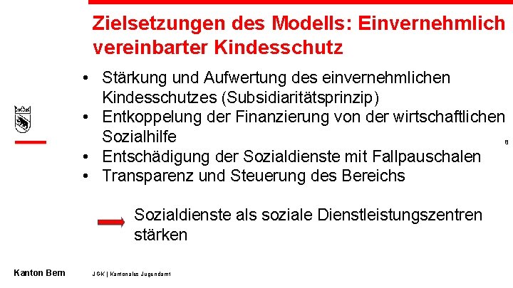 Zielsetzungen des Modells: Einvernehmlich vereinbarter Kindesschutz • Stärkung und Aufwertung des einvernehmlichen Kindesschutzes (Subsidiaritätsprinzip)