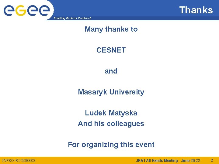 Thanks Enabling Grids for E-scienc. E Many thanks to CESNET and Masaryk University Ludek