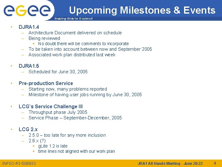 Upcoming Milestones & Events Enabling Grids for E-scienc. E • DJRA 1. 4 –