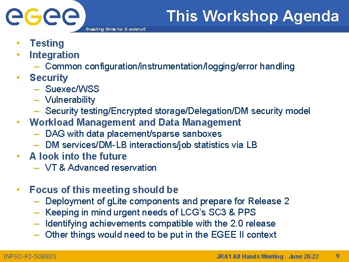 This Workshop Agenda Enabling Grids for E-scienc. E • Testing • Integration – Common