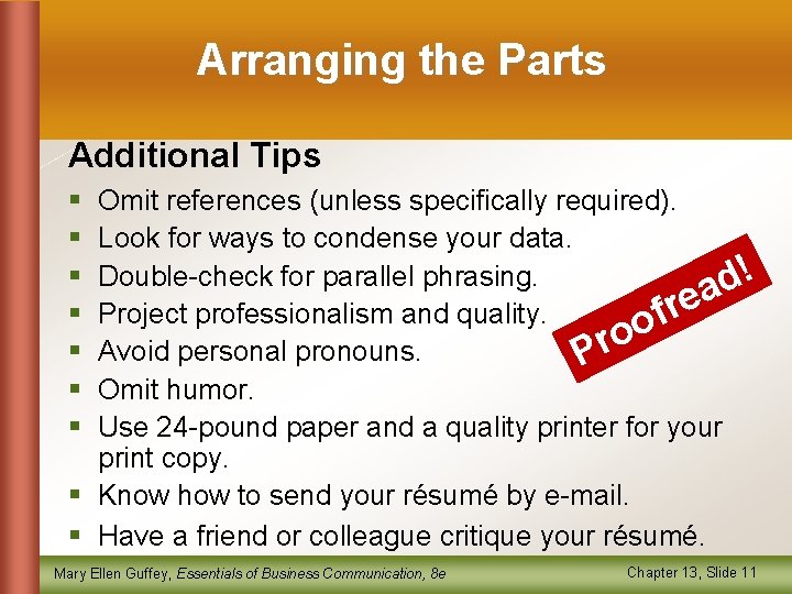 Arranging the Parts Additional Tips § § § § Omit references (unless specifically required).